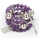 20,5 Zoll 8mm facettierte Amethyst wickeln Armreif mit Kreuz Charme