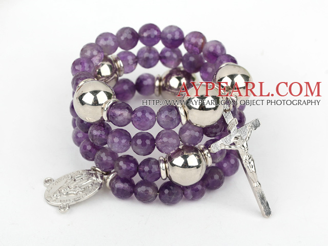 20,5 Zoll 8mm facettierte Amethyst wickeln Armreif mit Kreuz Charme