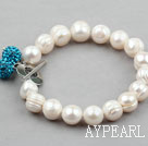 Белый резьбой пресной воды Pearl Люкс браслет с Blue Ball Rhinestone и форме сердца Переключить застежка