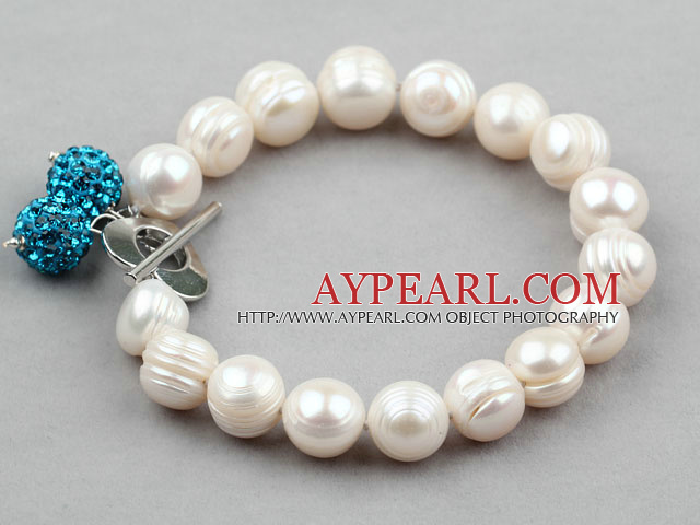 White Screw Thread Freshwater Pearl Bridal Bracelet with Blue Rhinestone Ball and Heart Shape Toggle Clasp