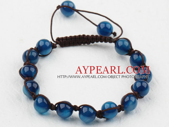 8mm Blue Agate Beaded Woven Drawstring Bracelet with Adjustable Thread