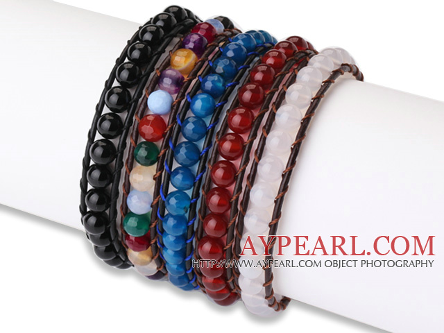 Newly Fashion Design 5 pcs Single Strand Agate Beaded Leather Bracelets