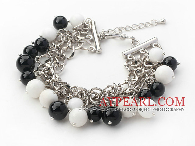 Black Series Round Black Agate and White Porcelain Stone Bracelet with Metal Chain