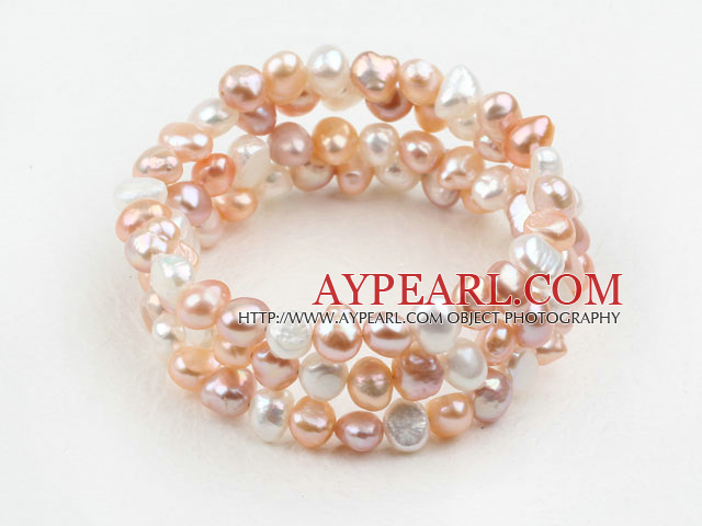 White Pink and Purple Freshwater Pearl Wrap Bangle Bracelet