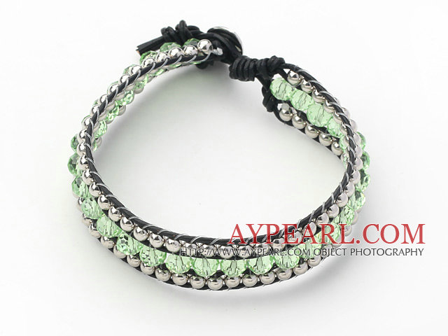 Light Green Crystal and Silver Color Beads Woven Bracelet with Black Leather Cord