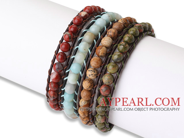 Fashion Style 4pcs Single Strand Natural Gemstsone Beaded Leather Bracelet