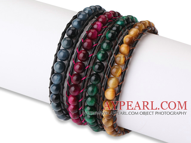 Amazing 4 pcs Single Strand A Grade Natural Round Tiger's Eye Beaded Leather Bracelet