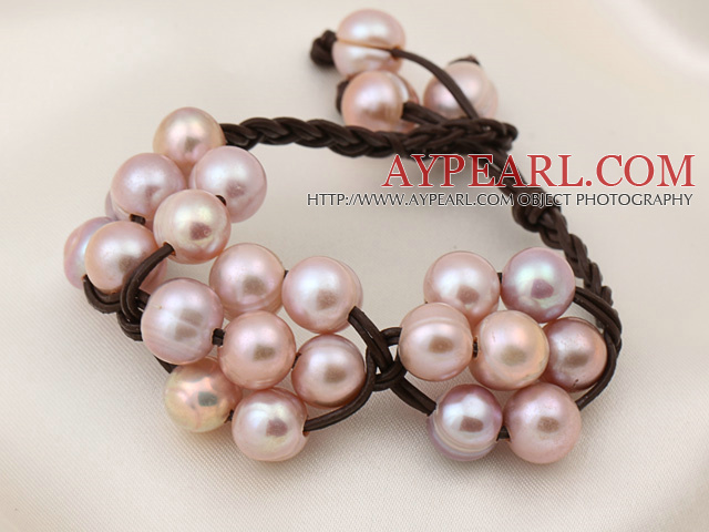 Delicate Popular Natural Pink Purple Freshwater Pearl Flower Leather Bracelet