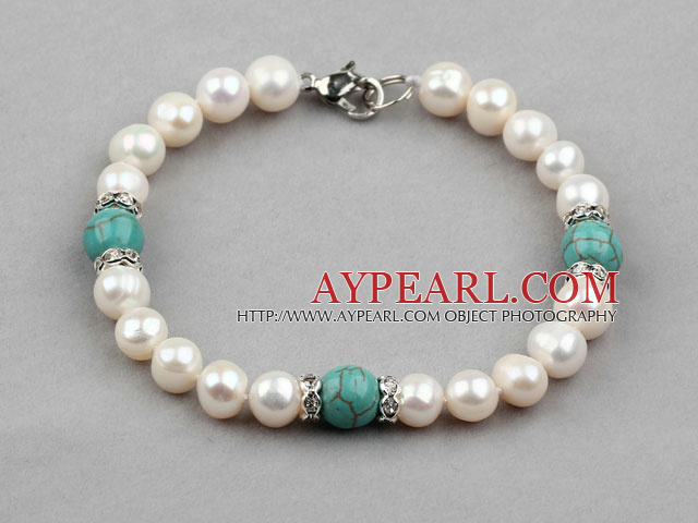 Hvit Freshwater Pearl og turkis armbånd
