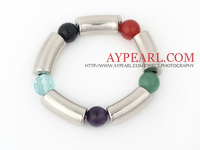 14mm round colorful jade and silver color tube bracelet/bangle