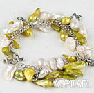Fashion White And Dyed Yellowish Green Blister Freshwater Pearl Metal Charm Bracelet