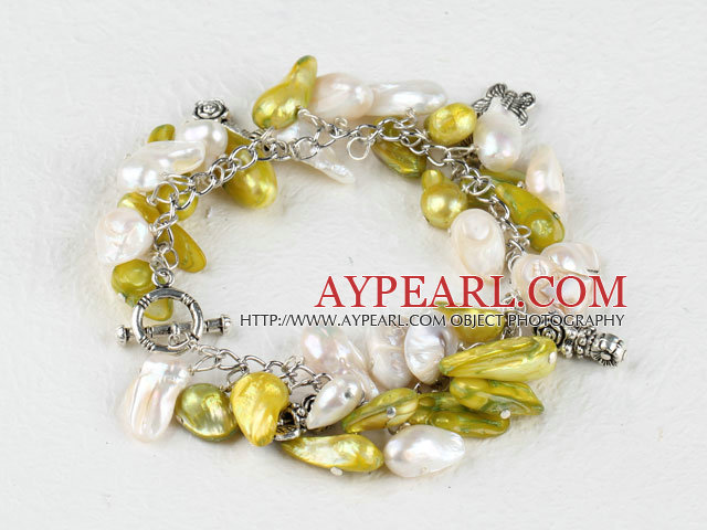 Fashion White And Dyed Yellowish Green Blister Freshwater Pearl Metal Charm Bracelet