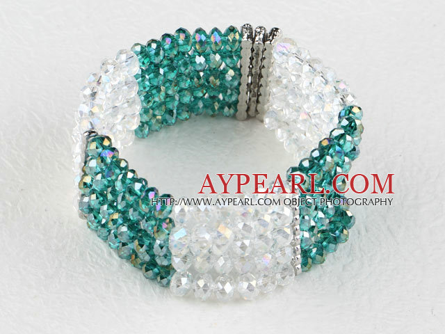 Multi Strand Green and White Manmade Crystal Elastic Bangle Bracelet