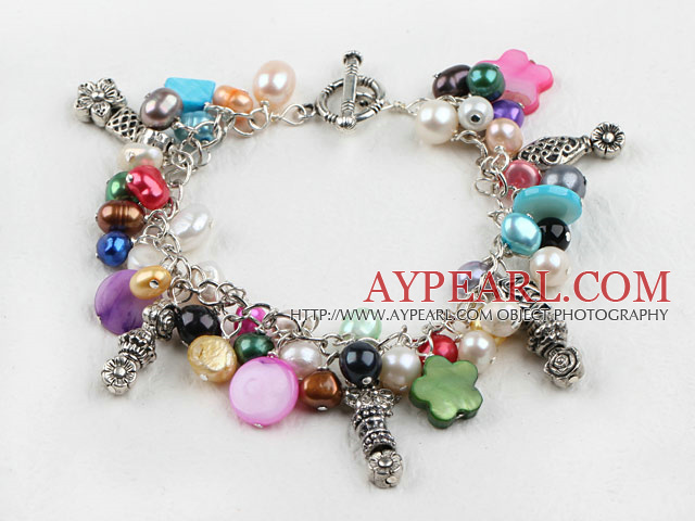Beautiful Loop Chain Style Multi Color Pearl Shell With Metal Charm Accessories Bracelet