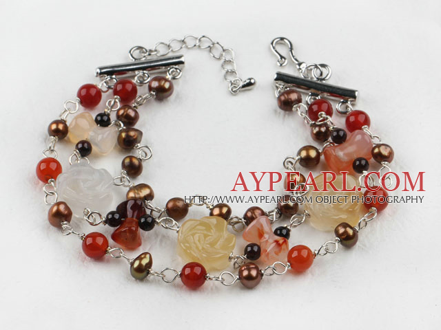 Popular 3-Strand Brown Pearl And Mixed Red White Yellow Agate Flower Bracelet