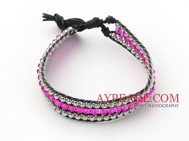 Pink Kristall und Silber Farbe Perlen gewebt Armband mit schwarzem Lederband