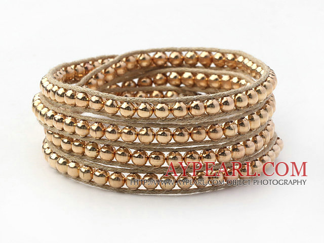 Mote Stil gylden farge Runde Kobber Perler Woven Wrap Bangle Bracelet med Gray Wax tråden