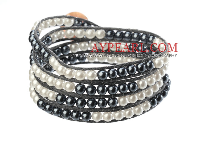 Fashion Style Round Black Sea Shell Beads Woven Wrap Bangle Bracelet with Black Wax Thread