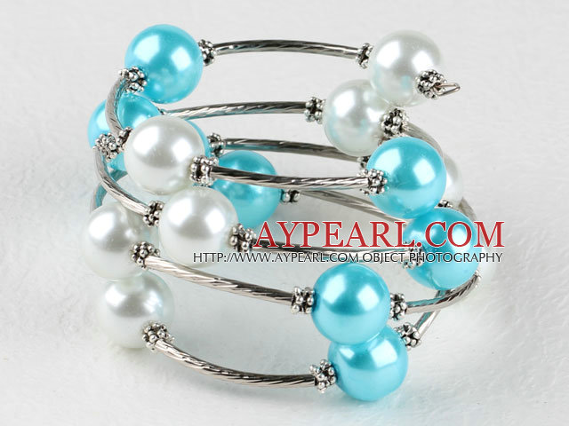 7.5 inches white and sea blue 12mm shell beads bangle bracelet 