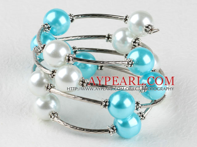 7,5 pouces blanc et mer bleue perles coquille 12mm Bracelet