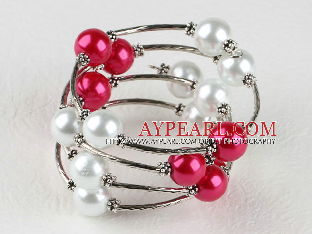 7.5 inches white and red 12mm shell beads bangle bracelet