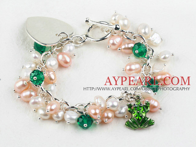 7,5 inches rosa hvit perle og krystall armbånd med hjerte sjarm