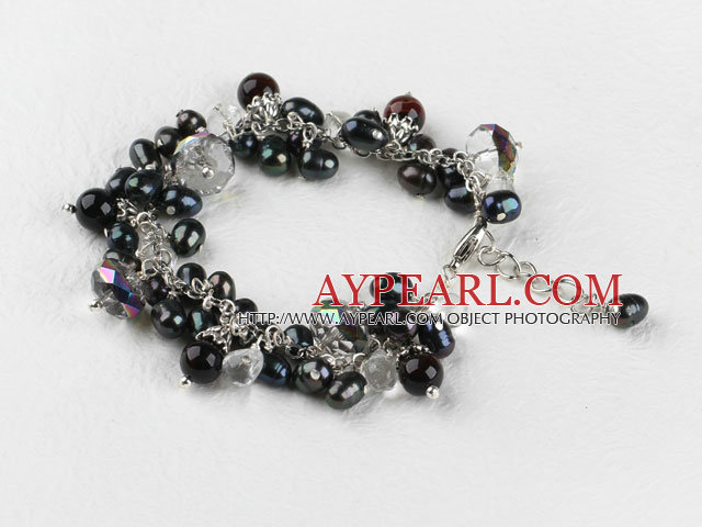 7.5 inches black pearl and crystal bracelet with extendable chain