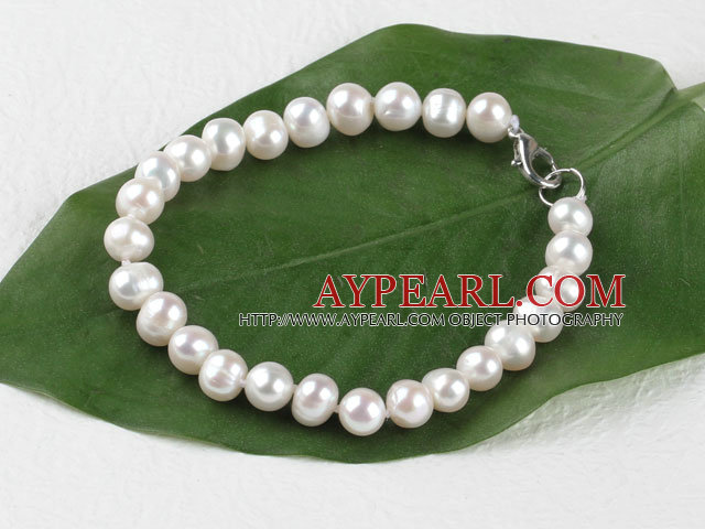 7-8mm blanc perle bracelet avec mousqueton