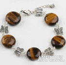 Popular Flat Round Tiger Eye And Butterfly Metal Charm Bracelet With Extendable Flower Chain