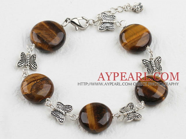 Popular Flat Round Tiger Eye And Butterfly Metal Charm Bracelet With Extendable Flower Chain