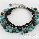 Nice Tiger Eye And Blue Turquoise Loop Charm Leather Bracelet With Extendable Chain 