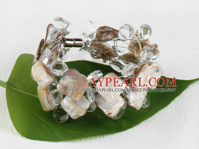 White Crystal and Shell Wire Wrapped Bracelet with Magnetic Clasp