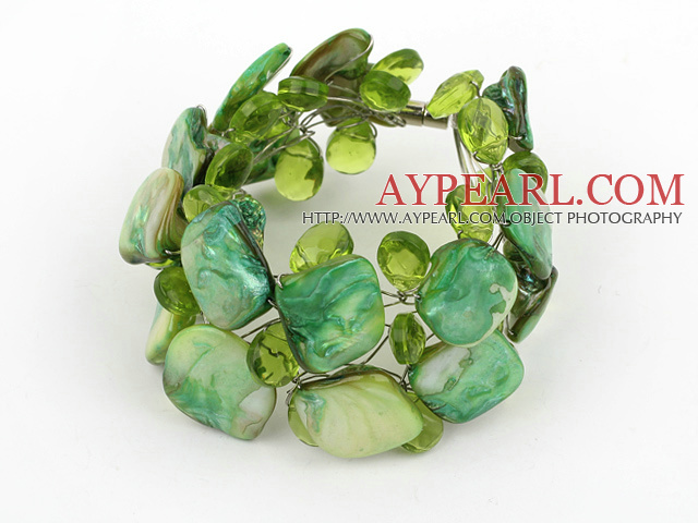 Apple Green Crystal and Shell Wire Wrapped Bracelet with Magnetic Clasp