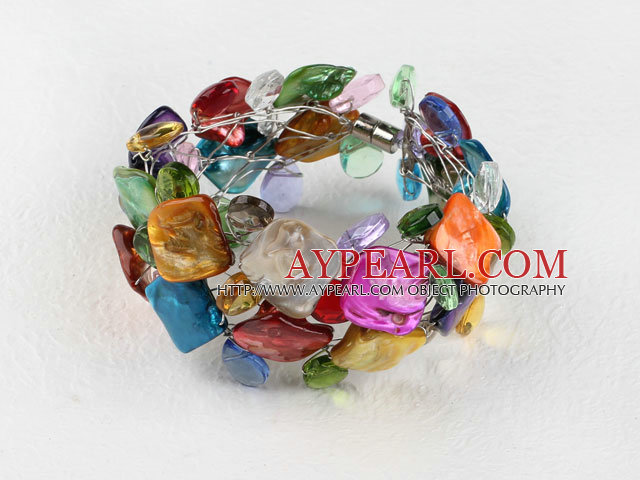 Multi Color Crystal and Shell Wire Wrapped Bracelet with Magnetic Clasp