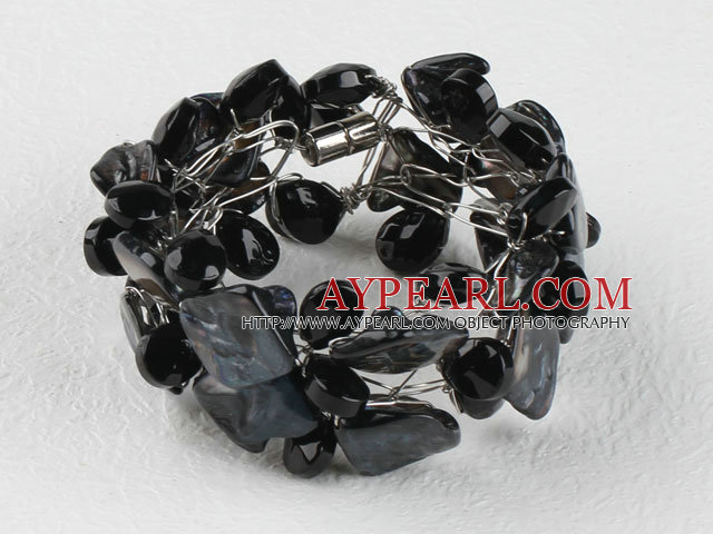 Black Drop Crystal and Shell Wire Wrapped Bracelet with Magnetic Clasp