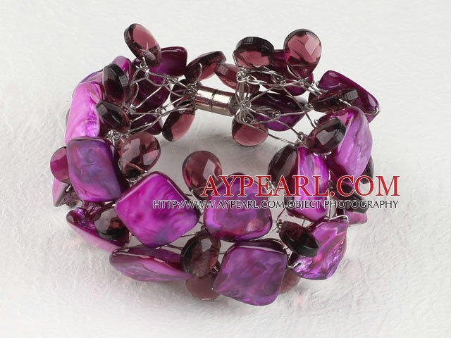 Purple Crystal and Shell Wire Wrapped Bracelet with Magnetic Clasp