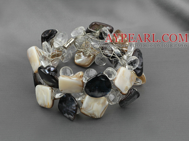 Clear Crystal and Black Brown Shell Wire Wrapped Bracelet with Magnetic Clasp