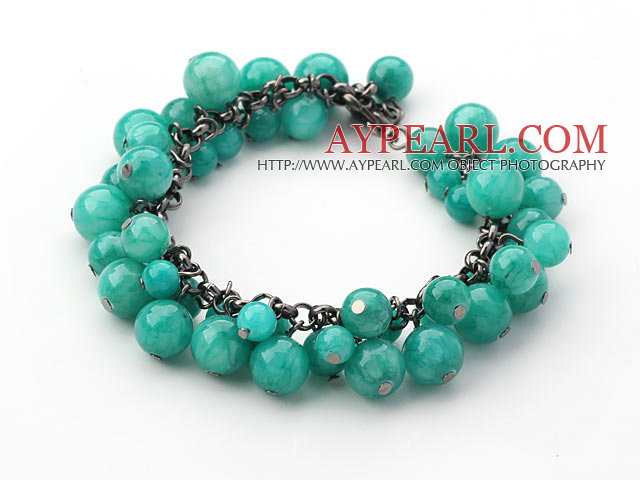 Round Dark Green Candy Jade Bracelet with Metal Chain