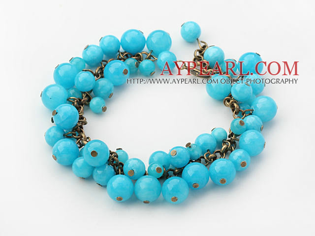 Round Blue Candy Jade Bracelet with Metal Chain
