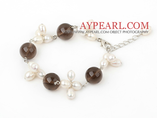 white pealr and smoky quartz bracelet with lobster clasp