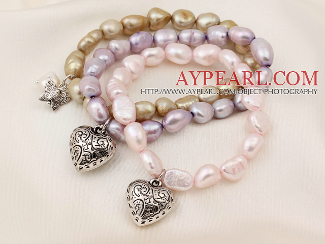 3 st Vackra Färgat Multi Color Baroque Freshwater Pearl Armband med Trevlig tillbehör