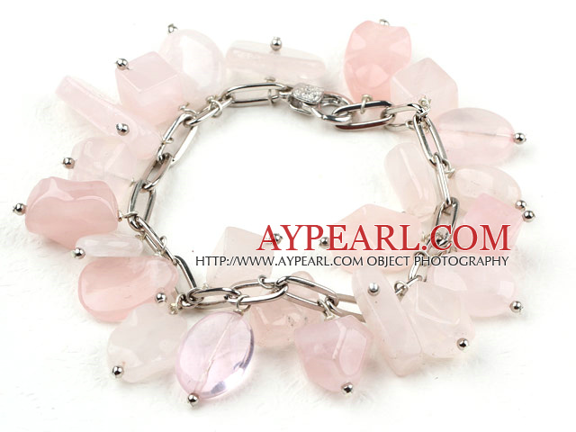 Pink Series Assorted Rose Quartz Bracelet with Bold Style Metal Chain