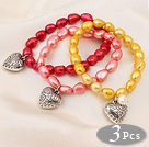 3 pcs Beautiful Dyed Multi Color Baroque Freshwater Pearl Bracelets with Heart Accessory