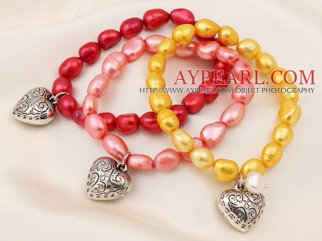 3 pcs Beautiful Dyed Multi Color Baroque Freshwater Pearl Bracelets with Heart Accessory