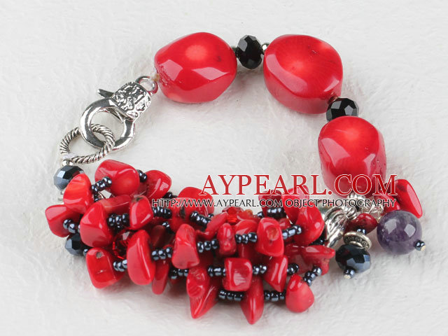 7,9 pouces Bracelet corail rouge cristal noir avec mousqueton grande