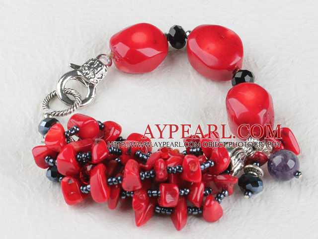 7.9 inches red coral black crystal bracelet with big lobster clasp