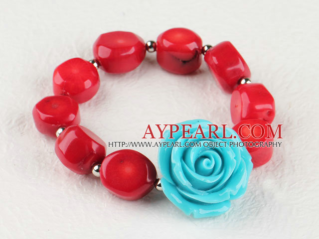 7.5 inches elastic red coral turquoise flower bracelet 