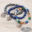 3 pcs Beautiful Multi Color Baroque Freshwater Pearl Bracelets with Heart Accessory