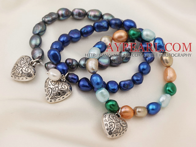 3 pcs Beautiful Multi Color Baroque Freshwater Pearl Bracelets with Heart Accessory