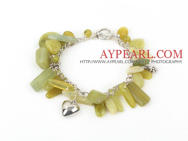 Fashion Loop Chain Multi Lemon Jade And Heart Charm Bracelet With Toggle Clasp